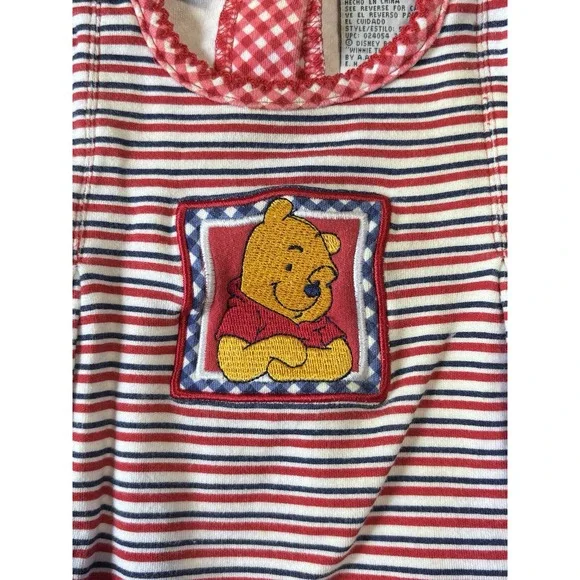 Disney Winnie the Pooh Vintage Baby Romper Red White Striped Gingham 0-3M